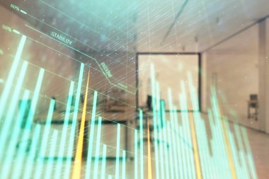 Ticaret masası banka ofisi iç arka planda stok piyasa şeması. Çift pozlama. Finansal analiz konsepti