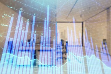 Ticaret masası banka ofisi iç arka planda stok piyasa şeması. Çift pozlama. Finansal analiz konsepti