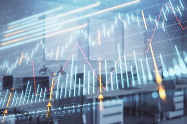 Ticaret masası banka ofisi iç arka planda stok piyasa şeması. Çift pozlama. Finansal analiz konsepti