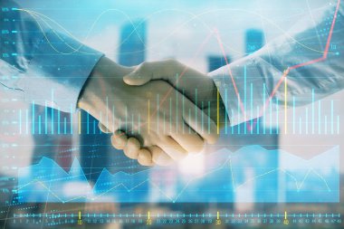 İki işadamı el sıkışması ile Cityscape arka planda mali grafik çift pozlama. Hisse senedi piyasası anlaşması kavramı