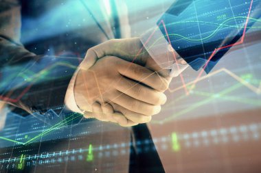 İki işadamı el sıkışması ile soyut arka planda Forex grafik Multi pozlama. Hisse senedi piyasasında başarı kavramı