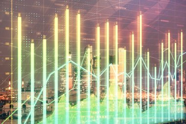 Moskova şehir merkezi arka planda mali grafik Multi pozlama. Hisse senedi piyasası analizi konsepti