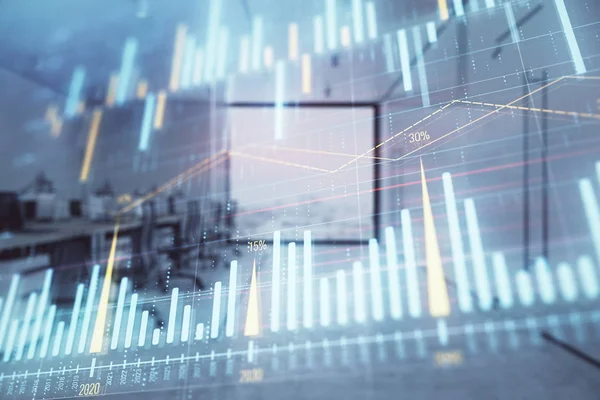 Stock market chart with trading desk bank office interior on background. Double exposure. Concept of financial analysis