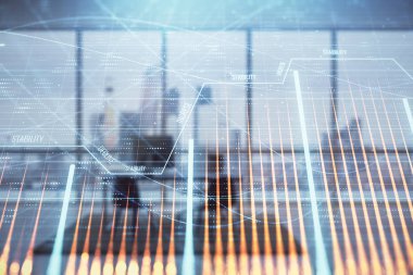 Minimalist kabine iç arka plan ile iş teması grafik hologram. Çift pozlama. Hisse senedi piyasası konsepti.