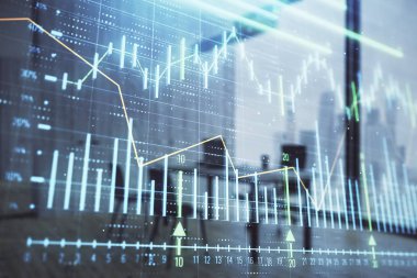 Minimalist kabine iç arka plan ile iş teması grafik hologram. Çift pozlama. Hisse senedi piyasası konsepti.