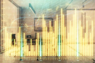 Minimalist kabine iç arka plan ile iş teması grafik hologram. Çift pozlama. Hisse senedi piyasası konsepti.