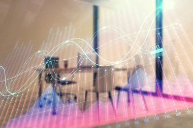 Minimalist kabine iç arka plan ile Forex grafik hologram. Çift pozlama. Hisse senedi piyasası konsepti.