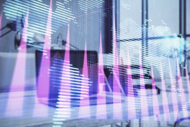 Dünya hologram ve masaüstü ofis bilgisayar arka plan ile hisse senedi piyasası grafik. Çok pozlama. Finansal analiz konsepti.