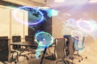 Konferans odası arka planda dünya hologram çift pozlama. Uluslararası iş konsepti