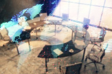 Konferans odası arka planda dünya hologram çift pozlama. Uluslararası iş konsepti