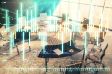 Konferans odası arka planda Forex çizelgesine çift pozlama. Hisse senedi piyasası analizi konsepti