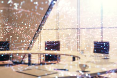 Konferans odası arka planda teknoloji tema soyut hologram çift pozlama. Hightech kavramı