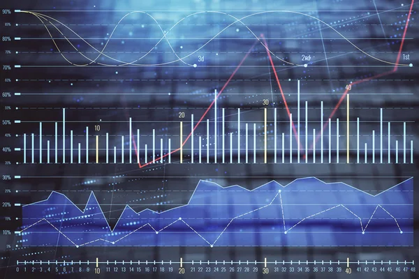 Holograma gráfico financiero con antecedentes abstractos. Doble exposición. Concepto de análisis de mercado — Foto de Stock