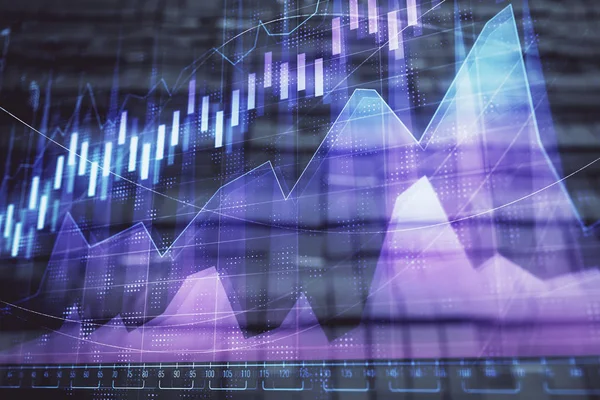 Ologramma grafico finanziario con sfondo astratto. Doppia esposizione. Concetto di analisi di mercato — Foto Stock