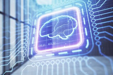 Boş oda iç arka planda beyin çizimleri hologram çift pozlama. Veri kavramı.