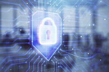 Arka planda ofis iç ile çizim kilit simgesi. Çift pozlama. Veri güvenliği kavramı