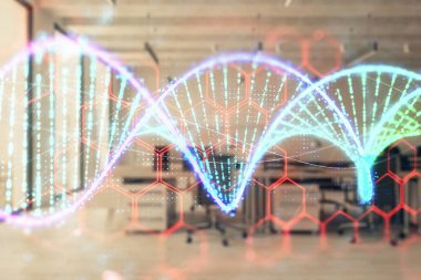 Arka planda ofis iç ile DNA çizim. Çifte pozlama. Eğitim kavramı