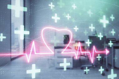 Arka planda ofis iç ile Kalp çizim. Çifte pozlama. Tıp eğitimi kavramı