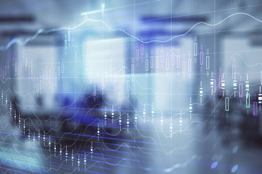 Ticaret masası banka ofisi iç arka planda stok piyasa şeması. Çift pozlama. Finansal analiz konsepti