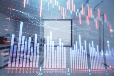 Ticaret masası banka ofisi iç arka planda stok piyasa şeması. Çift pozlama. Finansal analiz konsepti