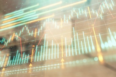 Ticaret masası banka ofisi iç arka planda stok piyasa şeması. Çift pozlama. Finansal analiz konsepti