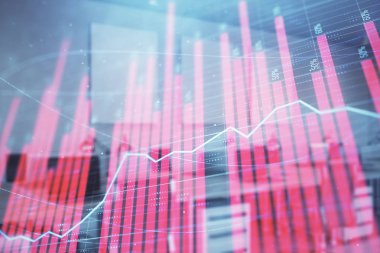 Ticaret masası banka ofisi iç arka planda stok piyasa şeması. Çift pozlama. Finansal analiz konsepti