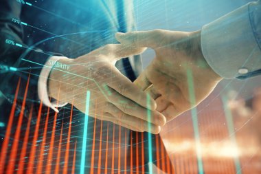 İki işadamı el sıkışması ile Cityscape arka planda mali grafik çift pozlama. Finansal analiz ve yatırım fırsatları konsepti