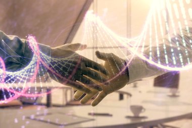 İki erkek el sıkışma ile ofis arka planda Dna simge hologram ı çoklu pozlama. Eğitim kavramı