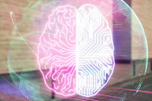 Double exposure of brain sketch hologram on empty exterior background. big data concept — Stock Photo, Image