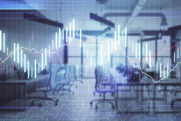 Stock and bond market graph with trading desk bank office interior on background. Multi exposure. Concept of financial analysis