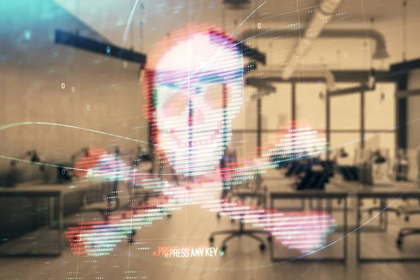 Hacking-Thema Hologramm mit Büroeinrichtung auf dem Hintergrund. Doppelbelichtung. Konzept der Cyberpiraterie — Stockfoto