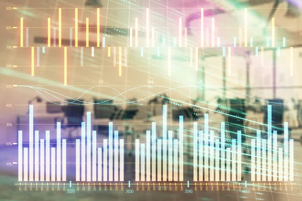 Stock and bond market graph with trading desk bank office interior on background. Multi exposure. Concept of financial analysis