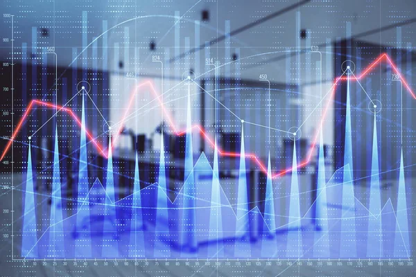 Gráfico del mercado de valores con escritorio de negociación interior de la oficina bancaria en segundo plano. Doble exposición. Concepto de análisis financiero — Foto de Stock