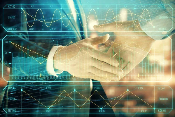 Double exposure of financial chart on cityscape background with two businessmen handshake. Concept of financial analysis and investment opportunities