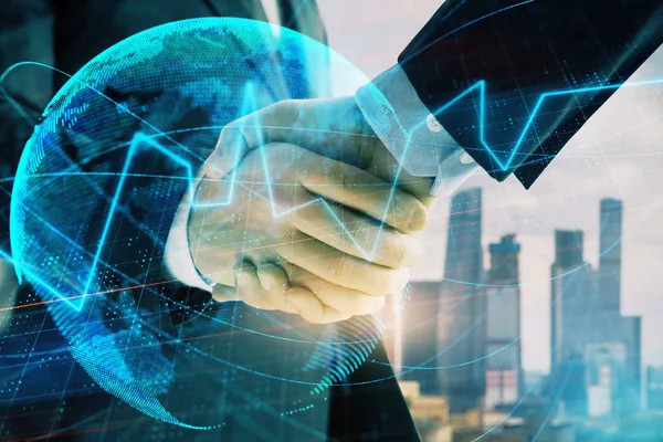 Double exposure of financial chart and world map on cityscape background with two businessmen handshake. Concept of international investment — Stock Photo, Image