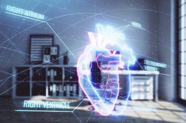 Minimalist dolap iç arka plan ile Kalp hologramı. Çifte pozlama. Tıp eğitimi kavramı.