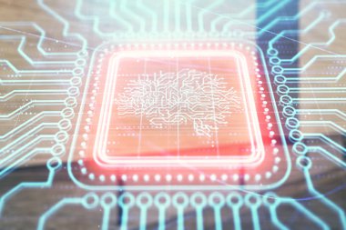 Boş dış arka planda beyin kroki hologramının çift pozlaması. büyük veri kavramı