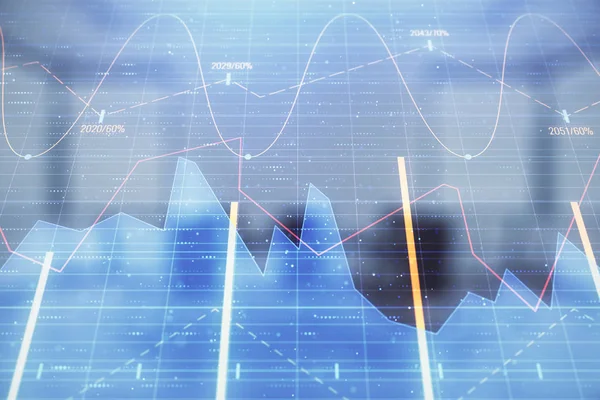 Gráfico de exposición múltiple del mercado de valores en el fondo de la sala de conferencias. Concepto de análisis financiero — Foto de Stock