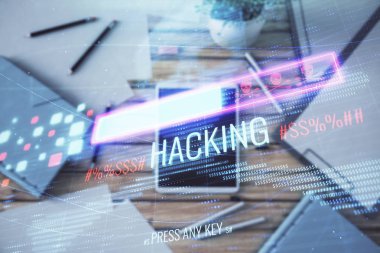 Dijital tablet, masa arka plan üzerinde çizim hack tema çift pozlama. Veri menkul kıymetleştirme kavramı