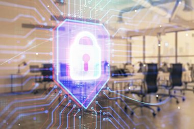 Arka planda ofis iç ile çizim kilit simgesi. Çift pozlama. Veri güvenliği kavramı