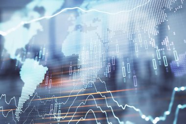 Stok ve tahvil piyasa grafik ve arka planda ticaret masası banka Ofisi İç ile dünya haritası. Çok pozlama. Uluslararası Finans konsepti