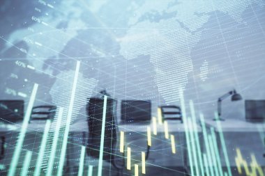 Stok ve tahvil piyasa grafik ve arka planda ticaret masası banka Ofisi İç ile dünya haritası. Çok pozlama. Uluslararası Finans konsepti