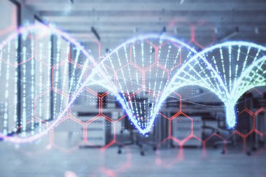 Arka planda ofis iç ile DNA çizim. Çifte pozlama. Eğitim kavramı