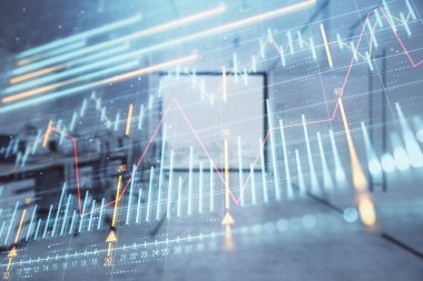 Ticaret masası banka ofisi iç arka planda stok piyasa şeması. Çift pozlama. Finansal analiz konsepti