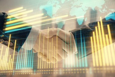 İki işadamı el sıkışması ile Cityscape arka planda mali grafik ve Dünya haritasına çift pozlama. Uluslararası yatırım konsepti