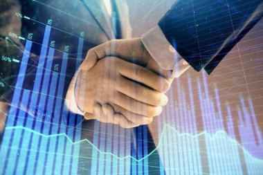 İki işadamı el sıkışması ile soyut arka planda Forex grafik Multi pozlama. Hisse senedi piyasasında başarı kavramı