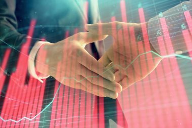 İki işadamı el sıkışması ile soyut arka planda Forex grafik Multi pozlama. Hisse senedi piyasasında başarı kavramı