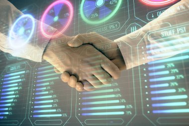 İki erkek el sıkışma ile soyut arka plan üzerinde iş grafiği çoklu pozlama. Başarı kavramı