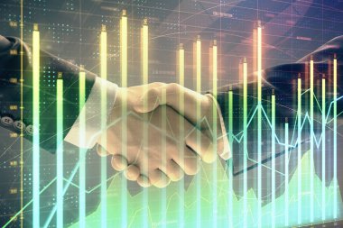 İki işadamı el sıkışması ile soyut arka planda Forex grafik Multi pozlama. Hisse senedi piyasasında başarı kavramı