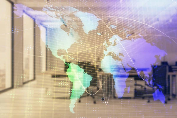 World map with trading desk bank office interior on background. Multi exposure. Concept of international finance